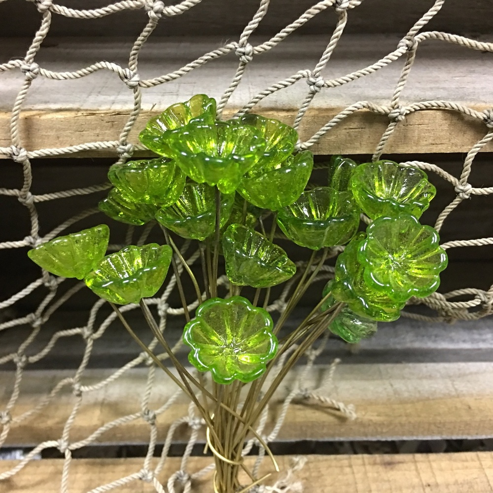 6 large Clear Olive Green Glass Flower Headpins.